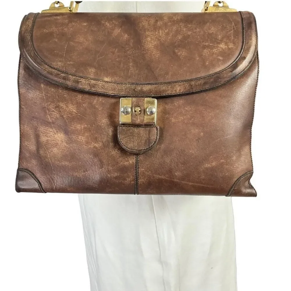 Gold Pfeil Leather Shoulder Bag Brown Medium Top Handle Shoulder Strap Vintage